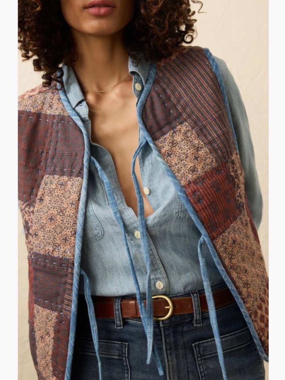 Faherty Indigo Quilted Patchwork Vest Blue Brown SZ L/ XL